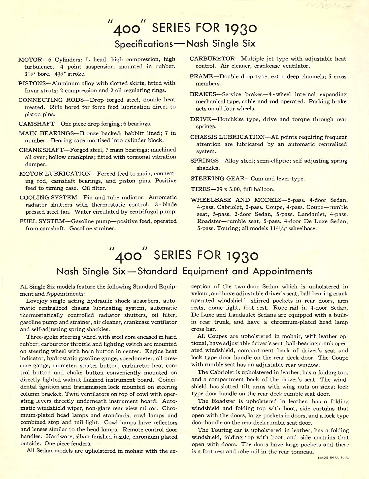 1930 Nash 400 Single Six Sedans Folder Page 2